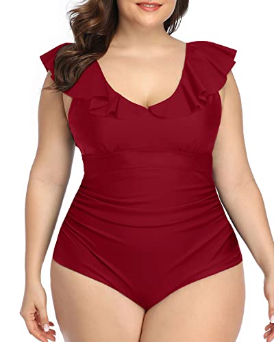 Slimming Plus Size V-Neck Bathing Suit For Women-Maroon