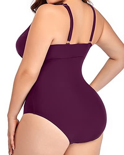 Elegant Plus Size Hollow Out V Neck Swimsuit-Maroon