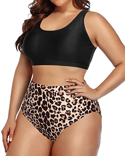 Athletic 2 Piece Swimsuit Removable Sports Bra For Plus Size-Black And Leopard