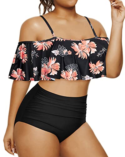 Flirty Ruffle High Waisted Bikini Set For Plus Size Women-Black Orange Floral