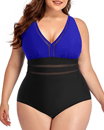 Cheeky Hollow Out Bathing Suits For Plus Size Women-Royal Blue And Black