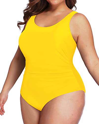 Scoop Neck Backless Plus Size Sport One Piece Swimsuit-Neon Yellow