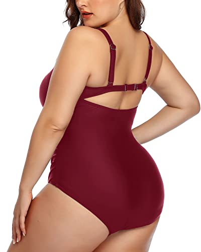 Fashionable Cutout Plus Size Swimsuit Drawstring-Maroon