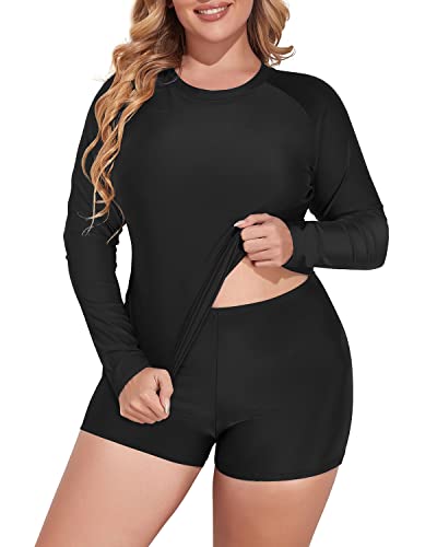 Plus Size Crew Neck Rash Guard Tankini Boyleg Bottom For Women-Black