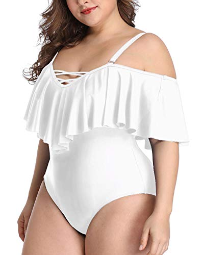 Sexy Lace-Up Plus Size Off The Shoulder Swimwear Removable Straps-White