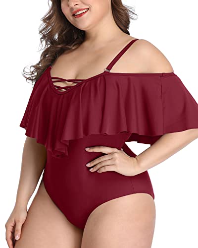 Vintage Flounce Cold Shoulder Plus Size Swimwear-Maroon