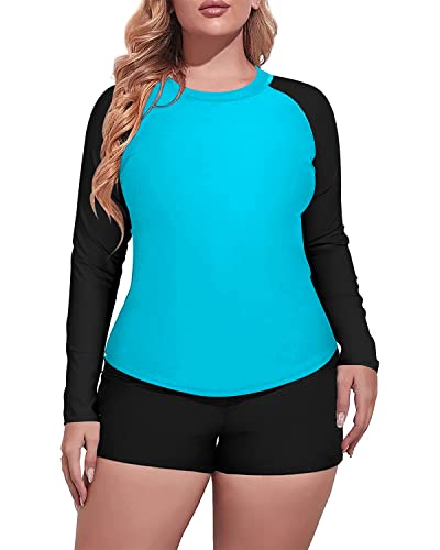 Women's Plus Size Long Sleeve Rash Guard Swimsuit Boy Short-Aqua