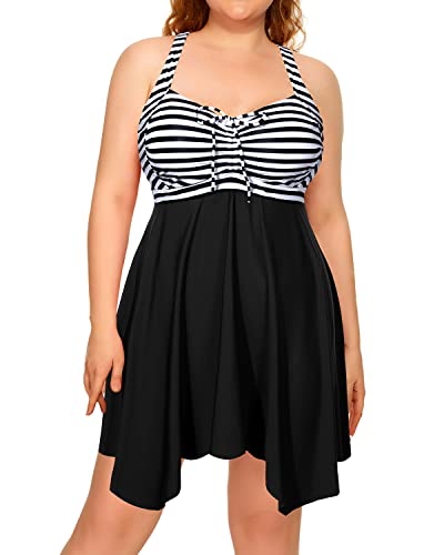 Flattering Ruched Plus Size Flowy Tankini Bathing Suits For Women-Black And White Stripe