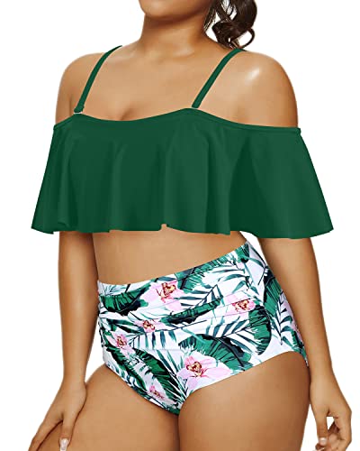 Soft Padded Bra Two Piece Swimsuits For Women Plus Size Bikini Set-Green Tropical Floral