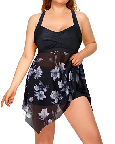 Long Torso Tankini Swimsuits Mesh Skirt And Boyshorts For Women-Black