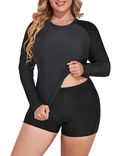 Women's Plus Size Athletic Rash Guard Tankini Boyshorts-Grey And Black