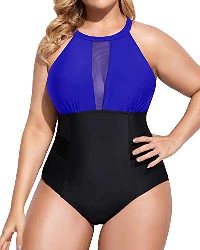 Sleek See-Through Mesh Monokini Plus Size Swimsuit-Royal Blue And Black