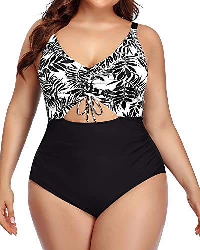 Tummy Control Plus Size Swimsuit Ruched Bottom-Black Leaves