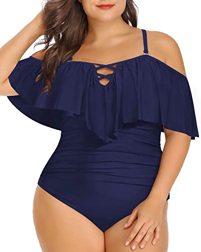 Chic Cross Lace Up Plus Size Ruffled Swimsuit-Navy Blue