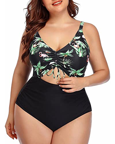 Ruched Tummy Control Large Size Swimwear-Black Palm Tree