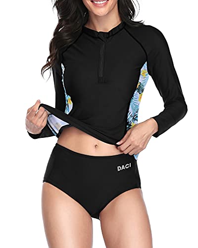 Modest Padded Two Piece Rash Guard Bathing Suit For Women-Black Leaf