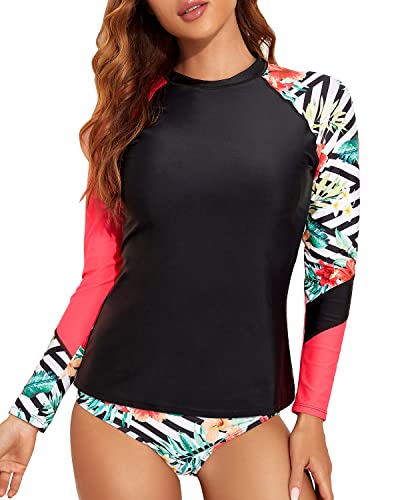 Women's Zipper Front Rash Guard Boy Shorts For Water Sports-Black Floral