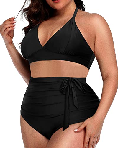 2 Piece Sexy V-Neck Plus Size Bikini Set Tummy Control Bottoms-Black