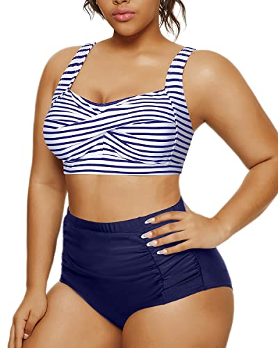 Sweetheart Neckline Twist Front Bikini Set For Women-Blue White Stripe