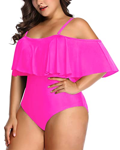 Cute Off Shoulder Flounce Swimwear For Women Plus Size One Piece-Neon Pink