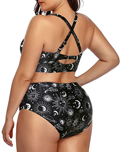 Flattering Ruched Two Piece Bikini For Plus Size Women-Black Sun And Moon