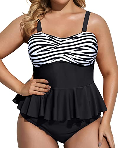 Twist Front Removable Strap Two Piece Plus Size Swimsuit-Black And White Stripe