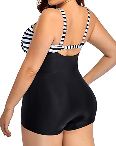 Flattering Plus Size One Piece Swimsuits Front Twist Tummy Control-Black And White Stripe