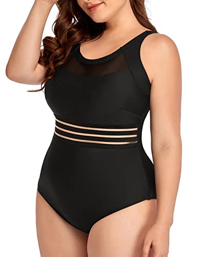 Mesh High Neck Bathing Suits For Plus Size Women-Black