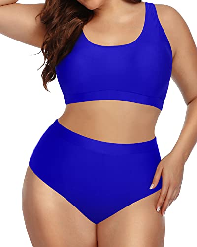 Plus Size Bikini Set Sport Bra Swimsuit Scoop Neck Tops Bottom High Waist Bathing Suit-Royal Blue