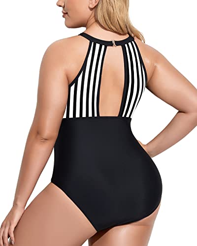 Chic Cut Out High Neck Plus Size Monokini Swimwear-Black And White Stripe