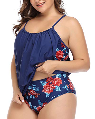 Flirty Plus Size Tankini Swimsuits Shorts For Women-Blue Floral