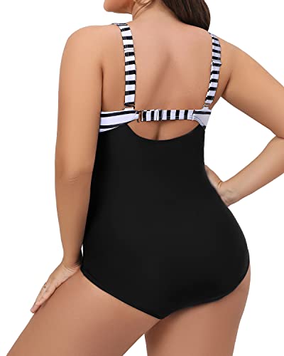 Plus Size Push Up One Piece Swimsuit Tummy Control-Black And White Stripe