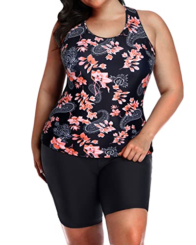 Comfortable Racerback Tankini Boyshort For Plus Size Women-Black Pink Flower