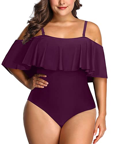 Charming Off Shoulder Tummy Control One Piece Swimsuit-Maroon