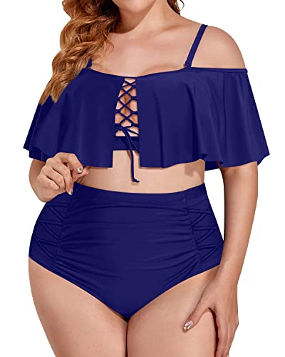 Two Piece Flirty Flounce Off Shoulder Plus Size Bikini Set-Navy Blue