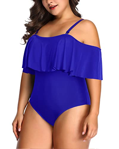 Adjustable Strap Flounce Top Plus Size Swimsuit For Women-Royal Blue