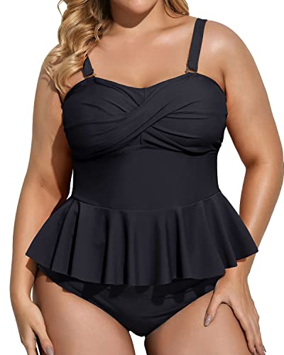 Full Coverage Ruched Two Piece Plus Size Swimsuit For Women-Black