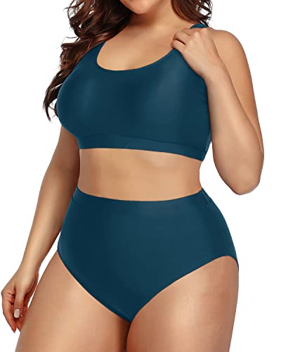 Comfortable High Quality Plus Size Bikini Set High Waisted Bottoms-Teal