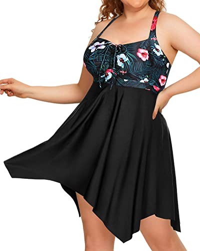 Retro Elegant Tankini Two Piece Swimdress Boyshorts For Women-Black Floral