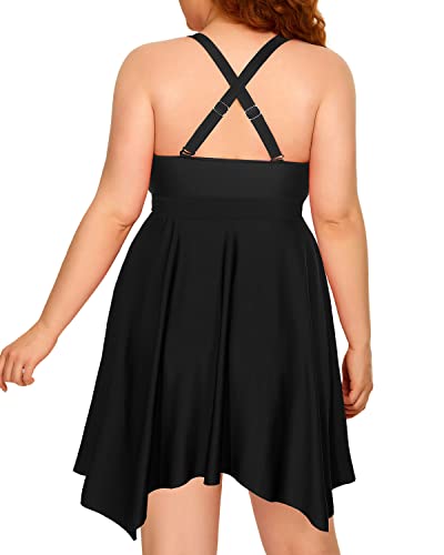 Women's Flowy Tankini Bathing Suit Plus Size Two Piece Swimdress-Black