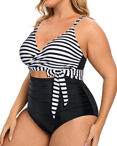 Plunge V Neck Cutout Bathing Suits Plus Size One Piece Swimsuits-Black And White Stripe