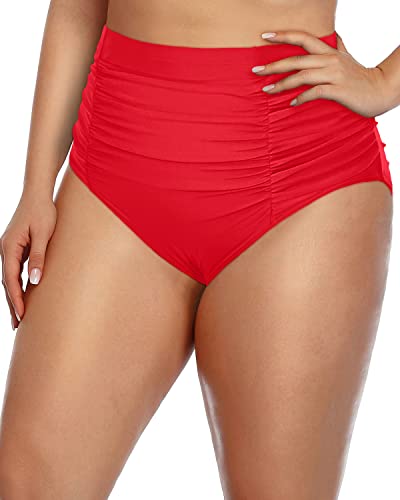 Vintage High Waisted Swim Bottom Tummy Control For Plus Size Women-Red