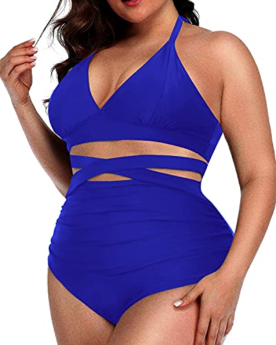 Chic Plus Size Bathing Suit Halter Top And High Waist Bottoms-Royal Blue