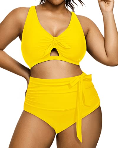 Two Piece V-Neck Keyhole Plus Size Bikini Swimsuit-Neon Yellow