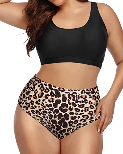 Athletic 2 Piece Swimsuit Removable Sports Bra For Plus Size-Black And Leopard