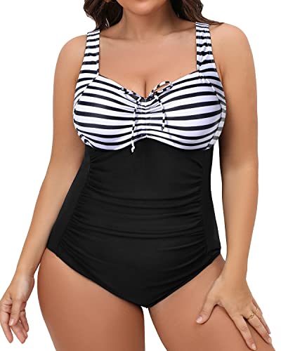 Plus Size Push Up One Piece Swimsuit Tummy Control-Black And White Stripe