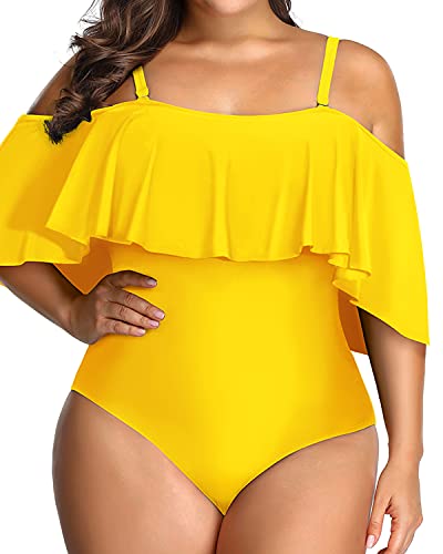 Stylish Flounce Top Tummy Control One Piece Swimwear-Neon Yellow