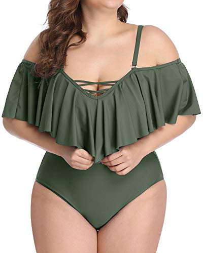 Elegant Lace-Up Cold Shoulder Plus Size One Piece Swimsuits-Olive Green