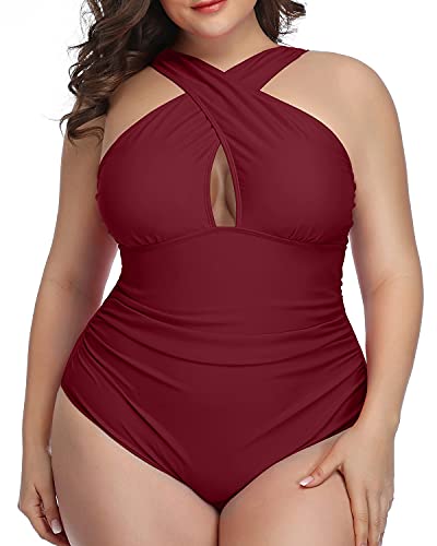 Slimming Backless Plus Size One Piece Swimsuits For Women-Maroon