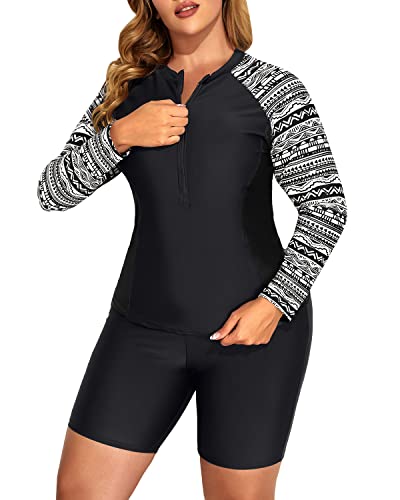 Women's Removable Padded Rash Guard Tankini Boy Shorts-Black And White Snake Print